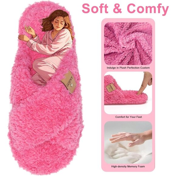 ⚡Women’s Rose Red Faux Fur Cozy Fuzzy Cross Band Slippers Indoor House Shoes - Picture 3 of 6